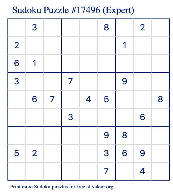 Free Printable Expert Sudoku Puzzle number 17496