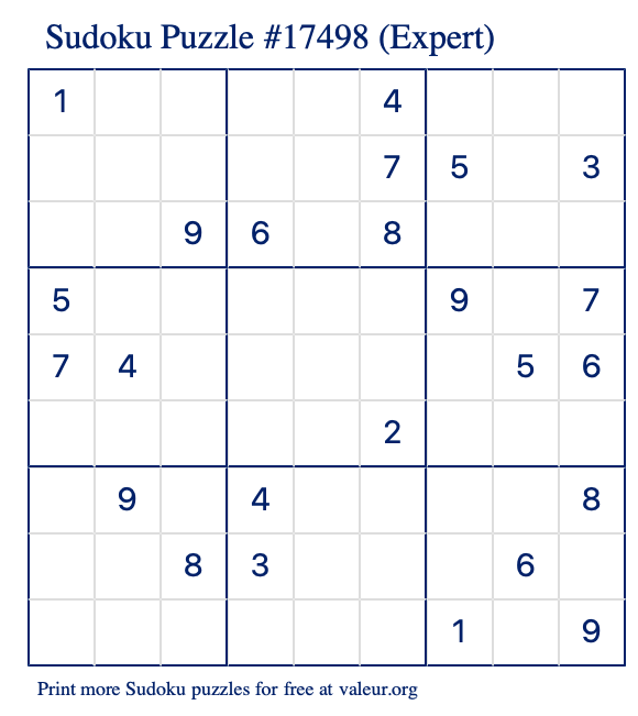 Free Printable Expert Sudoku Puzzle number 17498