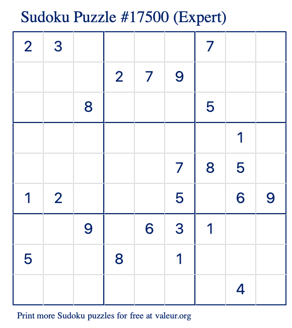 Free Printable Expert Sudoku Puzzle number 17500