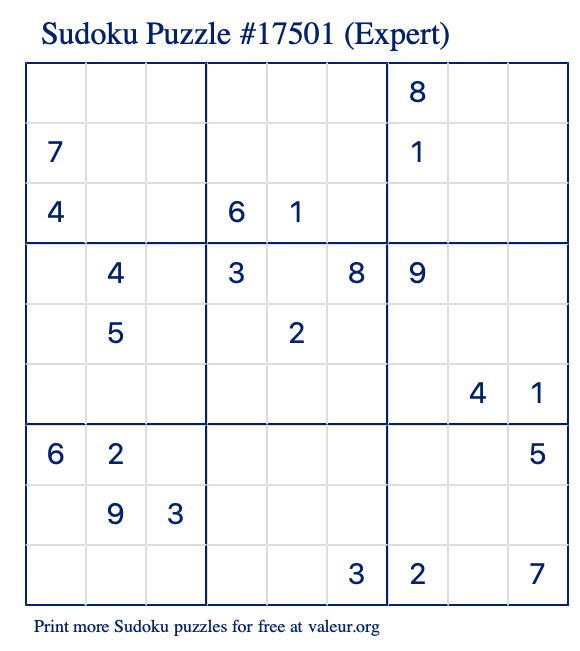 Free Printable Expert Sudoku Puzzle number 17501