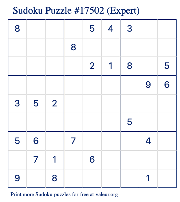 Free Printable Expert Sudoku Puzzle number 17502