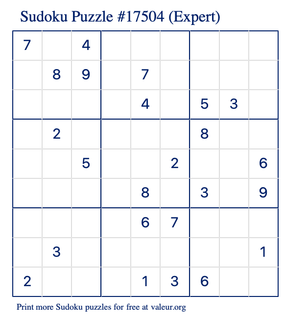 Free Printable Expert Sudoku Puzzle number 17504