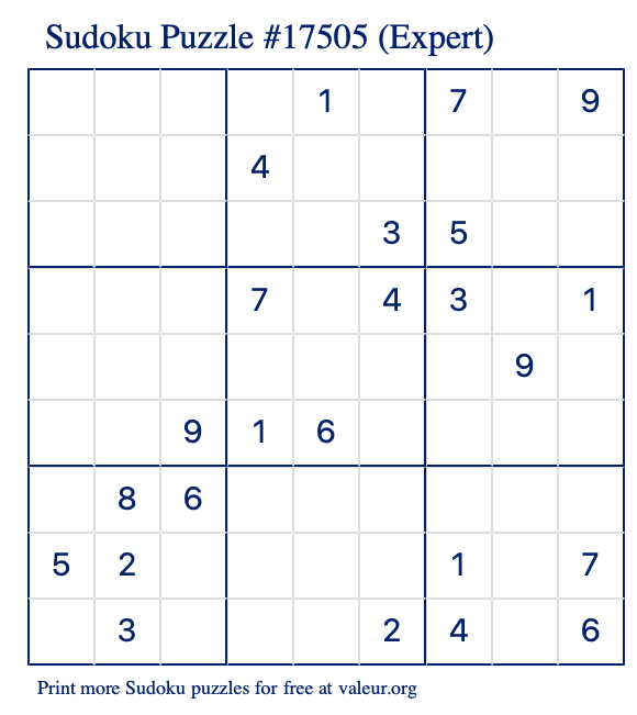 Free Printable Expert Sudoku Puzzle number 17505