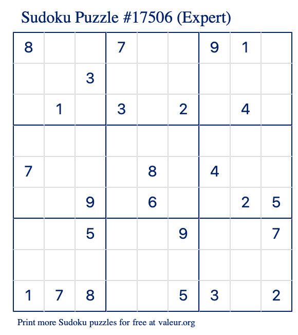 Free Printable Expert Sudoku Puzzle number 17506