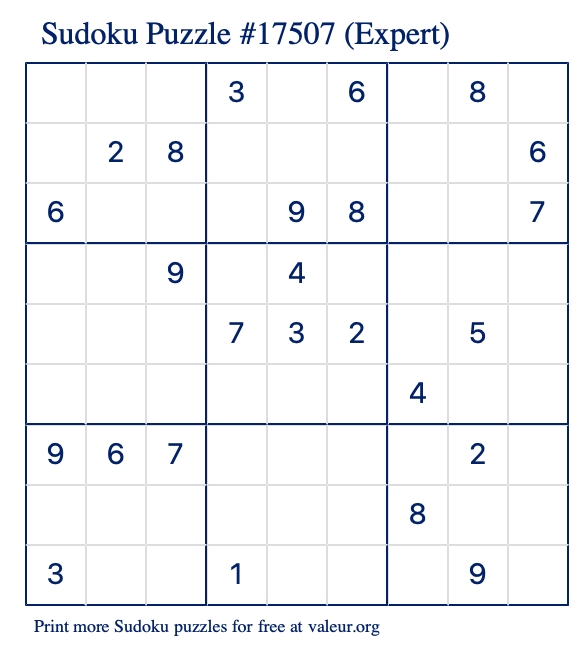 Free Printable Expert Sudoku Puzzle number 17507