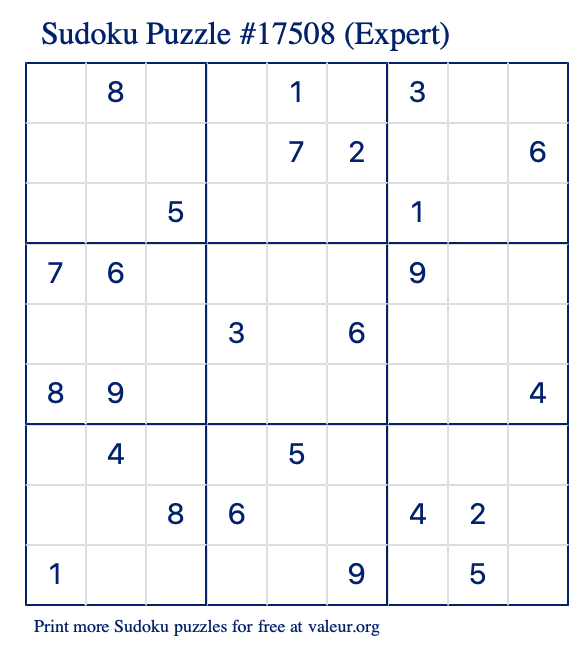 Free Printable Expert Sudoku Puzzle number 17508