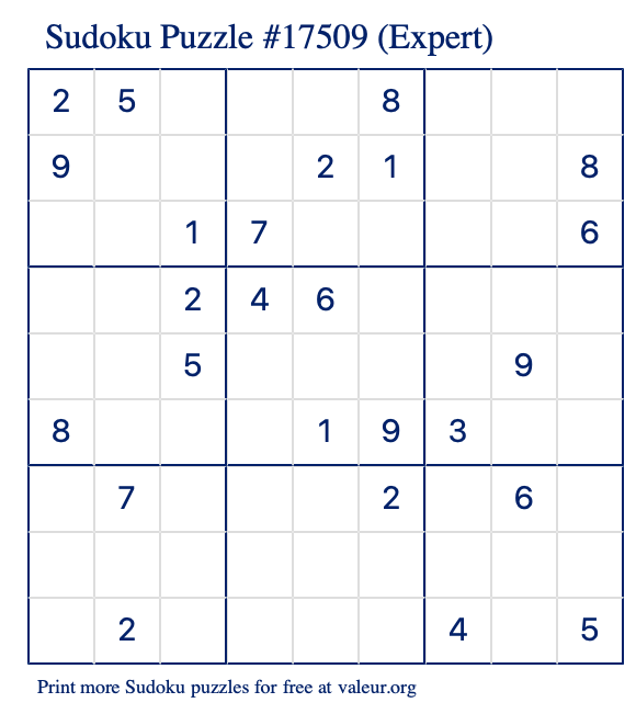 Free Printable Expert Sudoku Puzzle number 17509