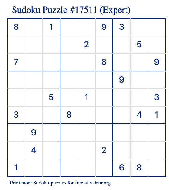 Free Printable Expert Sudoku Puzzle number 17511