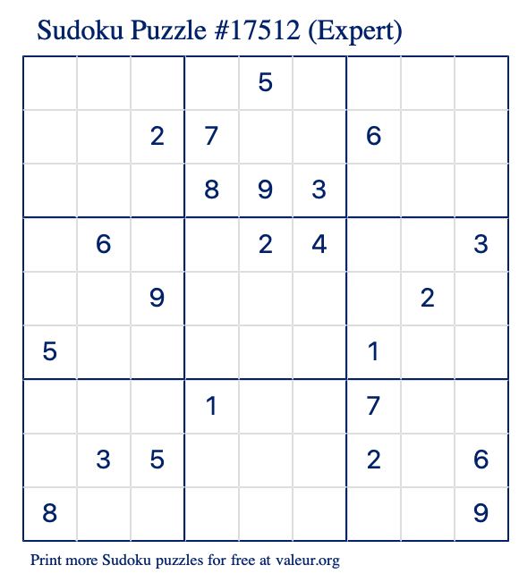 Free Printable Expert Sudoku Puzzle number 17512