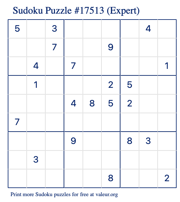 Free Printable Expert Sudoku Puzzle number 17513