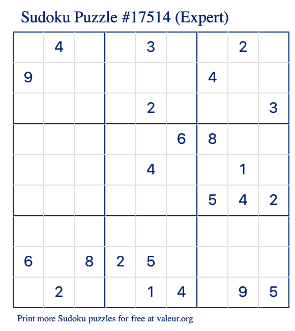 Free Printable Expert Sudoku Puzzle number 17514