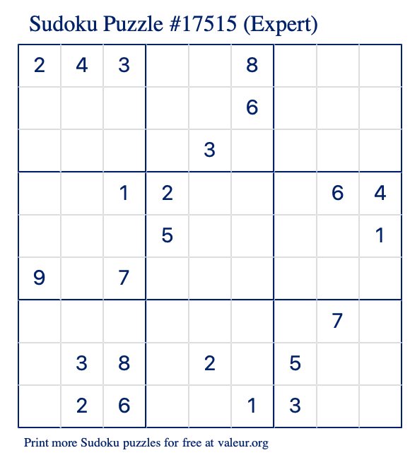 Free Printable Expert Sudoku Puzzle number 17515