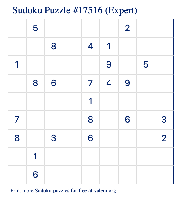 Free Printable Expert Sudoku Puzzle number 17516