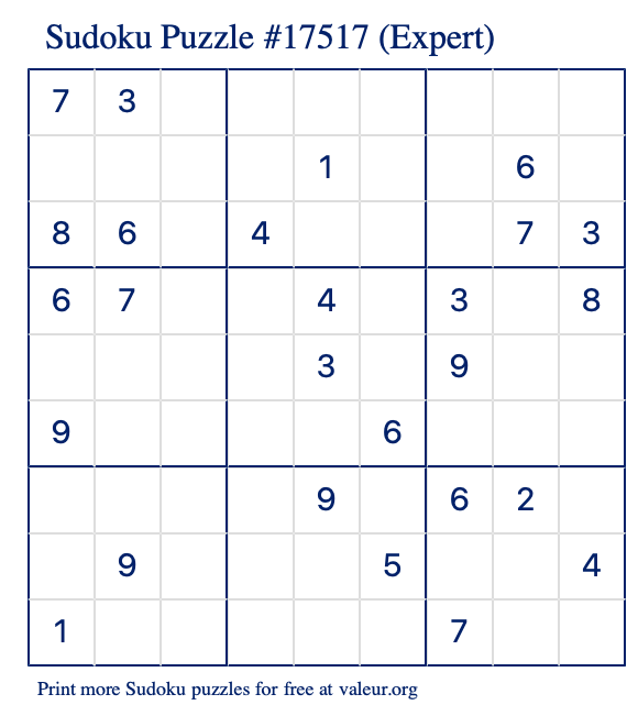 Free Printable Expert Sudoku Puzzle number 17517