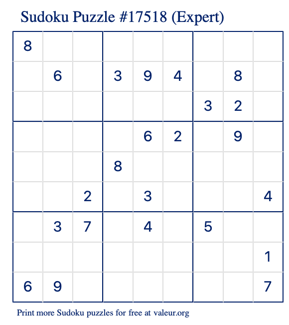 Free Printable Expert Sudoku Puzzle number 17518