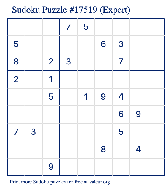 Free Printable Expert Sudoku Puzzle number 17519