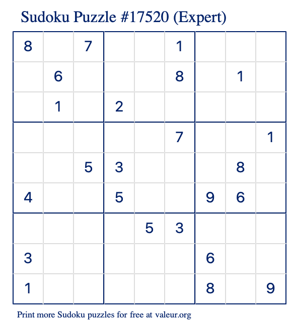 Free Printable Expert Sudoku Puzzle number 17520