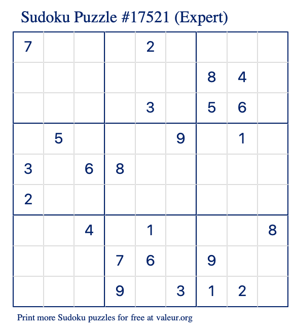 Free Printable Expert Sudoku Puzzle number 17521