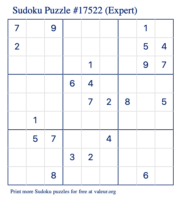 Free Printable Expert Sudoku Puzzle number 17522