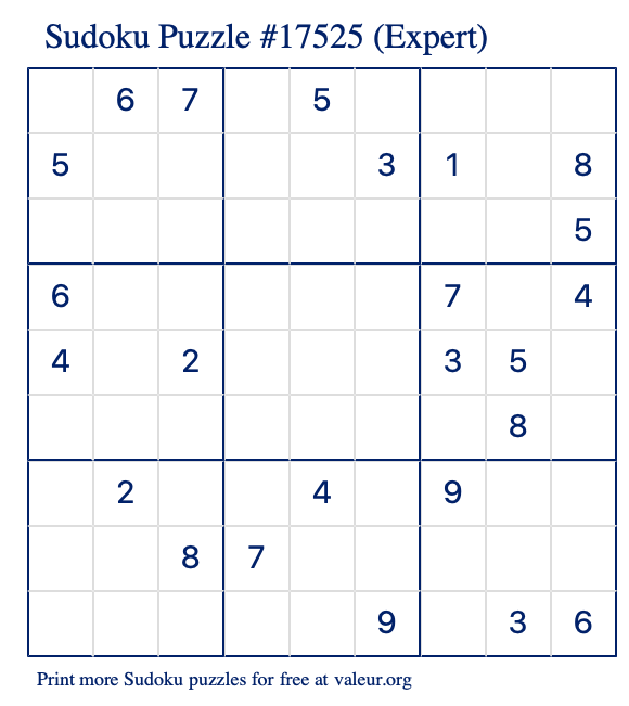 Free Printable Expert Sudoku Puzzle number 17525