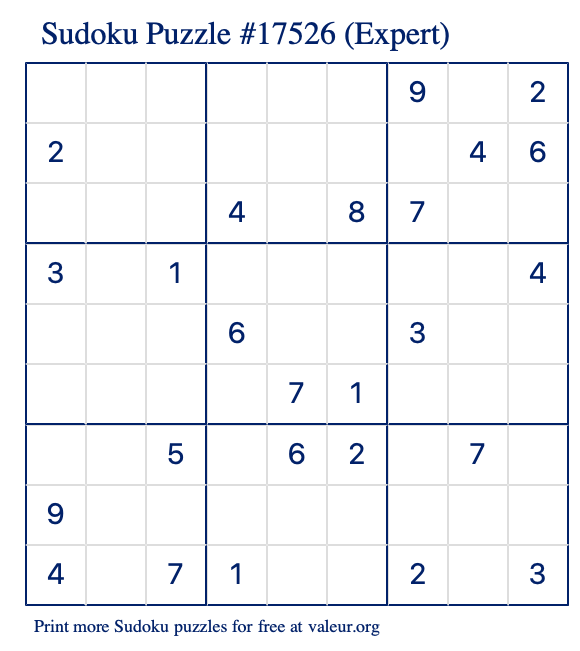 Free Printable Expert Sudoku Puzzle number 17526
