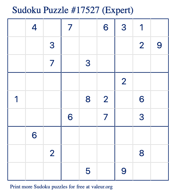 Free Printable Expert Sudoku Puzzle number 17527