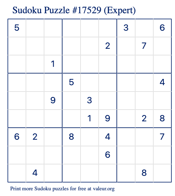 Free Printable Expert Sudoku Puzzle number 17529