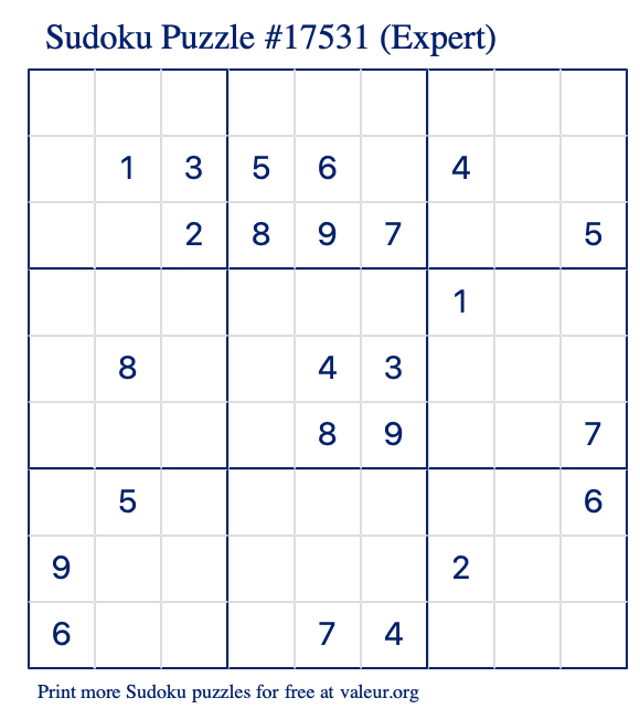 Free Printable Expert Sudoku Puzzle number 17531