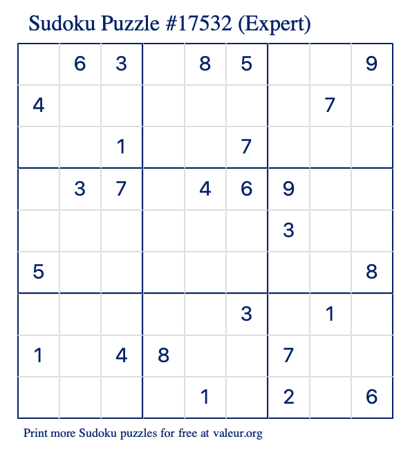 Free Printable Expert Sudoku Puzzle number 17532
