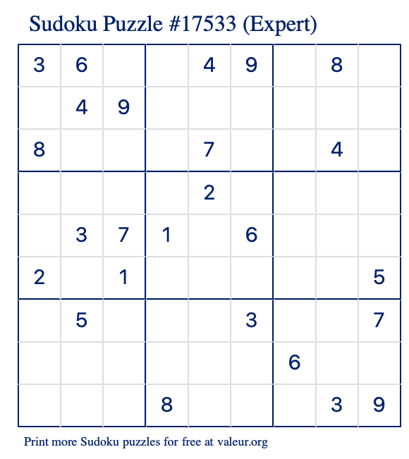 Free Printable Expert Sudoku Puzzle number 17533