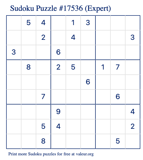 Free Printable Expert Sudoku Puzzle number 17536