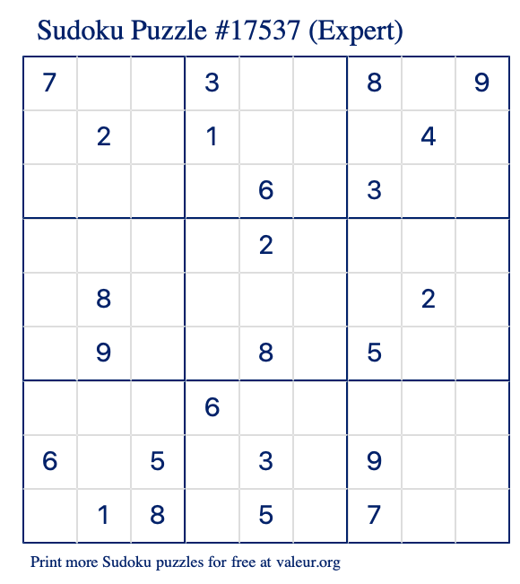 Free Printable Expert Sudoku Puzzle number 17537