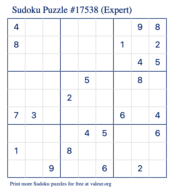 Free Printable Expert Sudoku Puzzle number 17538