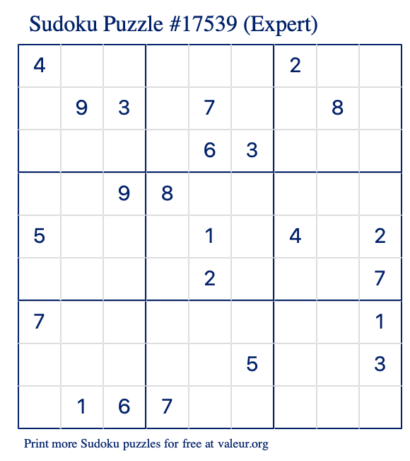 Free Printable Expert Sudoku Puzzle number 17539