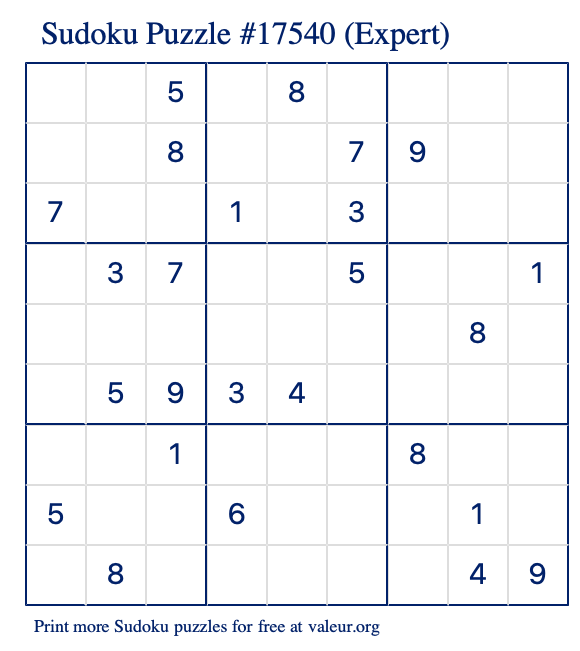Free Printable Expert Sudoku Puzzle number 17540