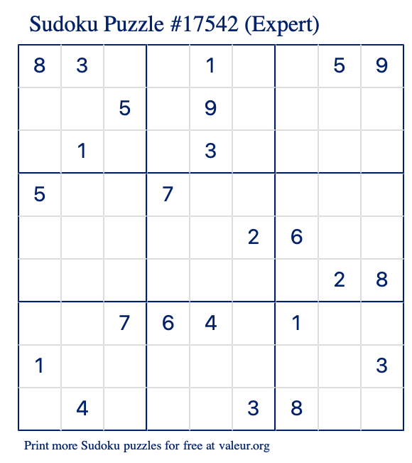 Free Printable Expert Sudoku Puzzle number 17542