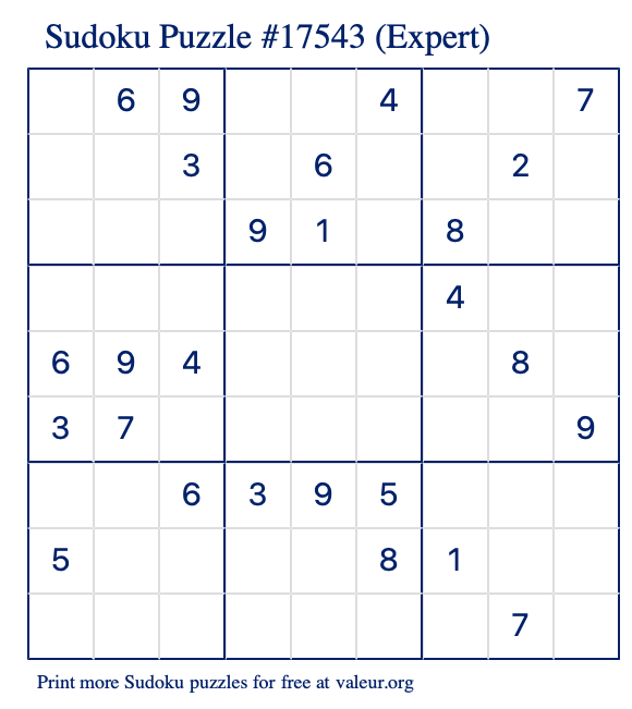 Free Printable Expert Sudoku Puzzle number 17543