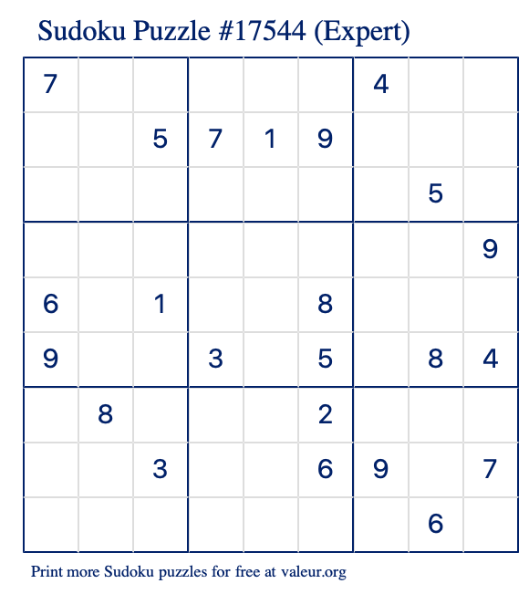 Free Printable Expert Sudoku Puzzle number 17544