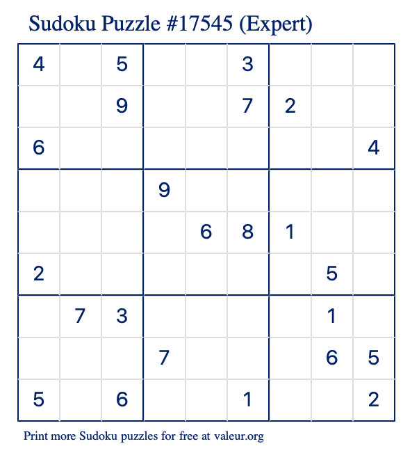 Free Printable Expert Sudoku Puzzle number 17545