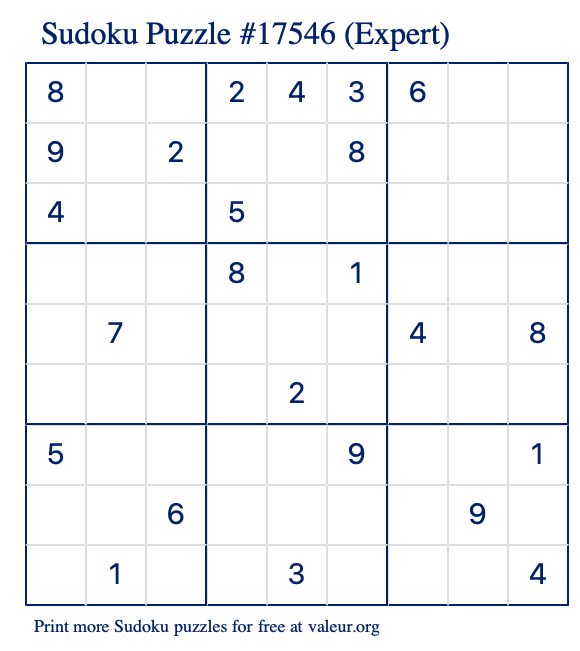 Free Printable Expert Sudoku Puzzle number 17546
