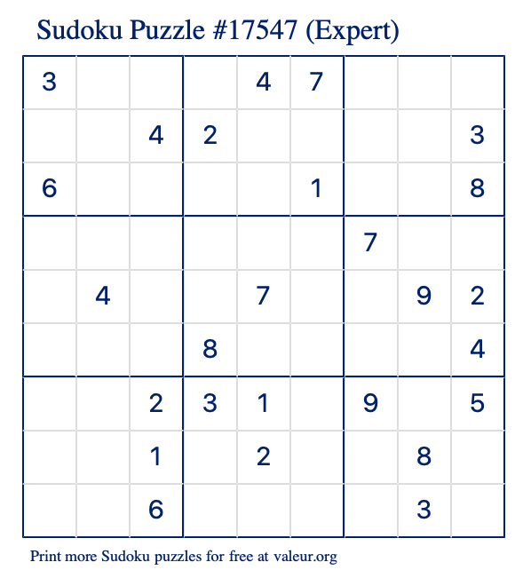 Free Printable Expert Sudoku Puzzle number 17547