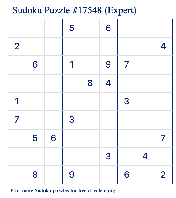 Free Printable Expert Sudoku Puzzle number 17548