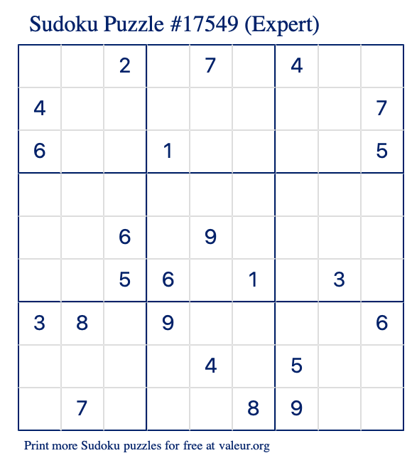 Free Printable Expert Sudoku Puzzle number 17549