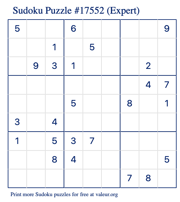 Free Printable Expert Sudoku Puzzle number 17552