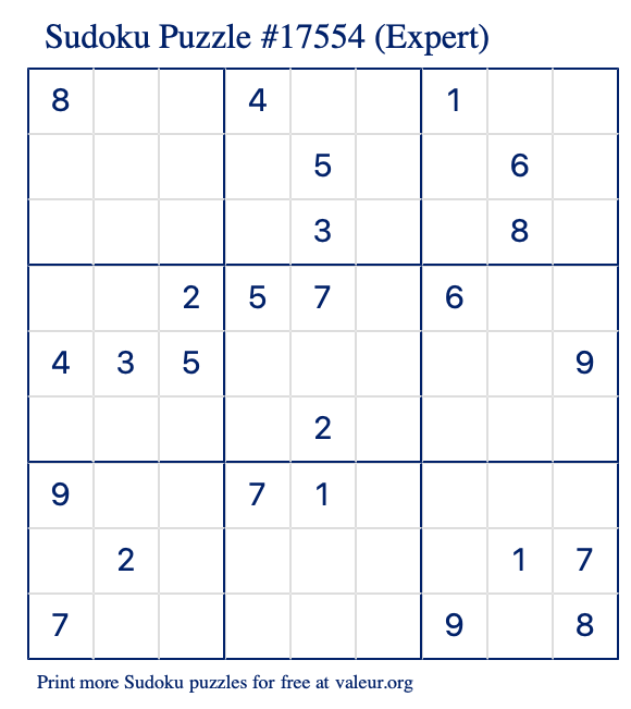 Free Printable Expert Sudoku Puzzle number 17554