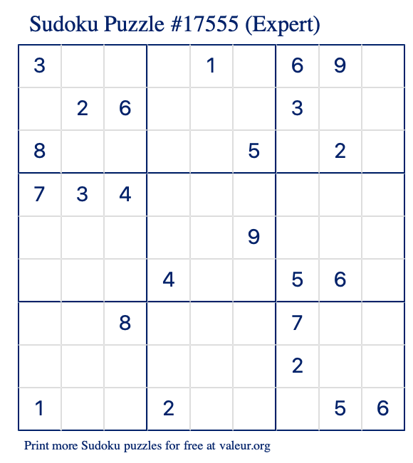 Free Printable Expert Sudoku Puzzle number 17555