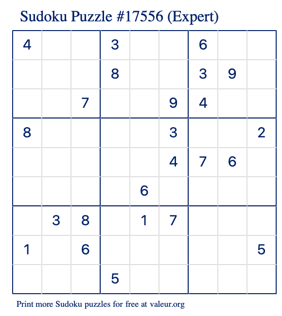 Free Printable Expert Sudoku Puzzle number 17556