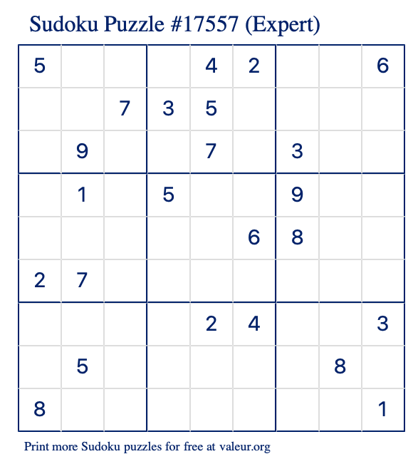 Free Printable Expert Sudoku Puzzle number 17557