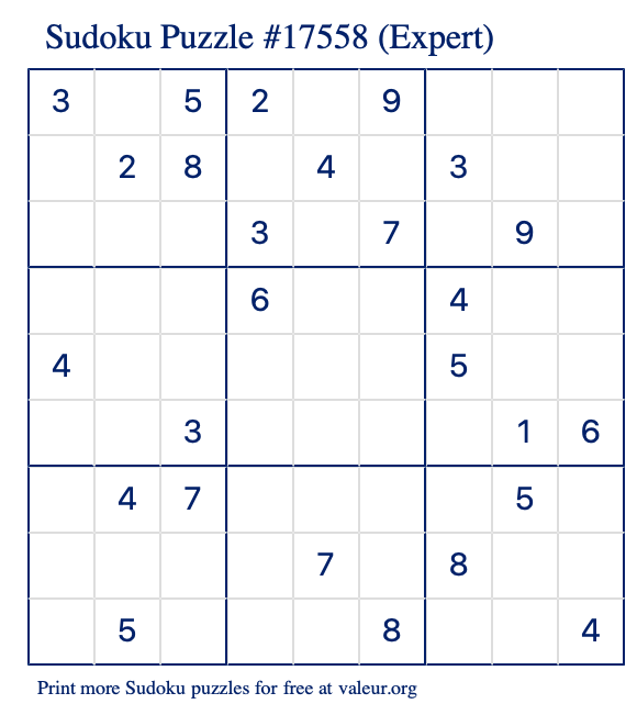 Free Printable Expert Sudoku Puzzle number 17558