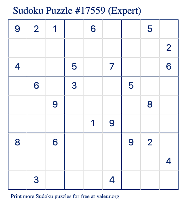 Free Printable Expert Sudoku Puzzle number 17559